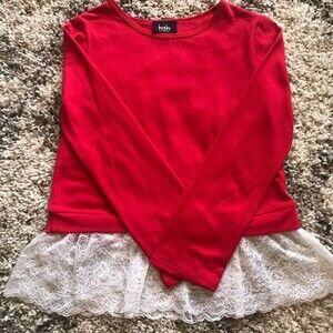 By and by red girl top long sleeve blouse size XL (16) with lace hem cottagecore